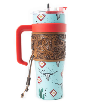 TUMBLER IN SEA BLUE WITH TOOLED LEATHER GRIP