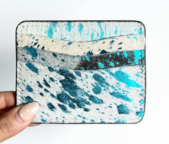 Blue acid wash cowhide card holder