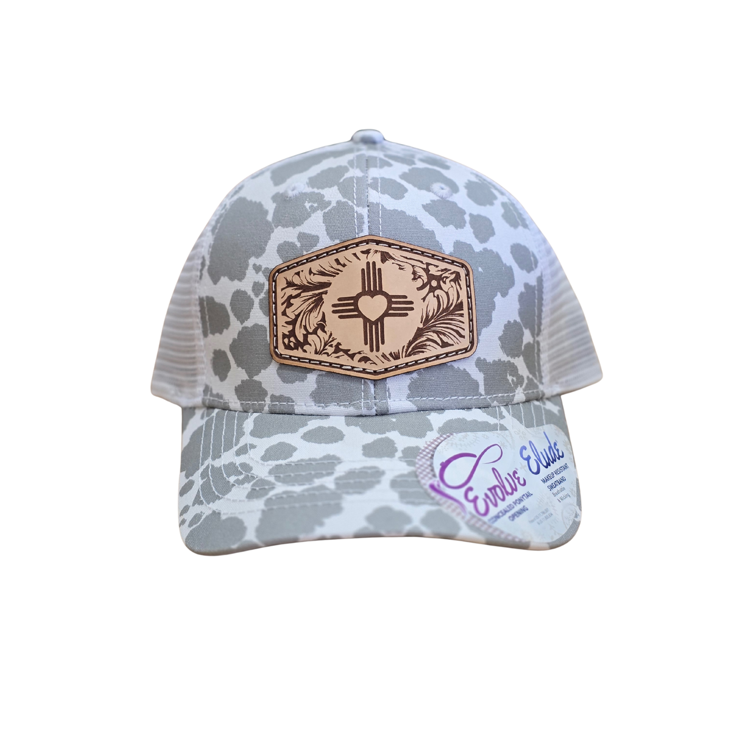 Gray Cow Print Ponytail Hat with Zia Heart Leather Patch