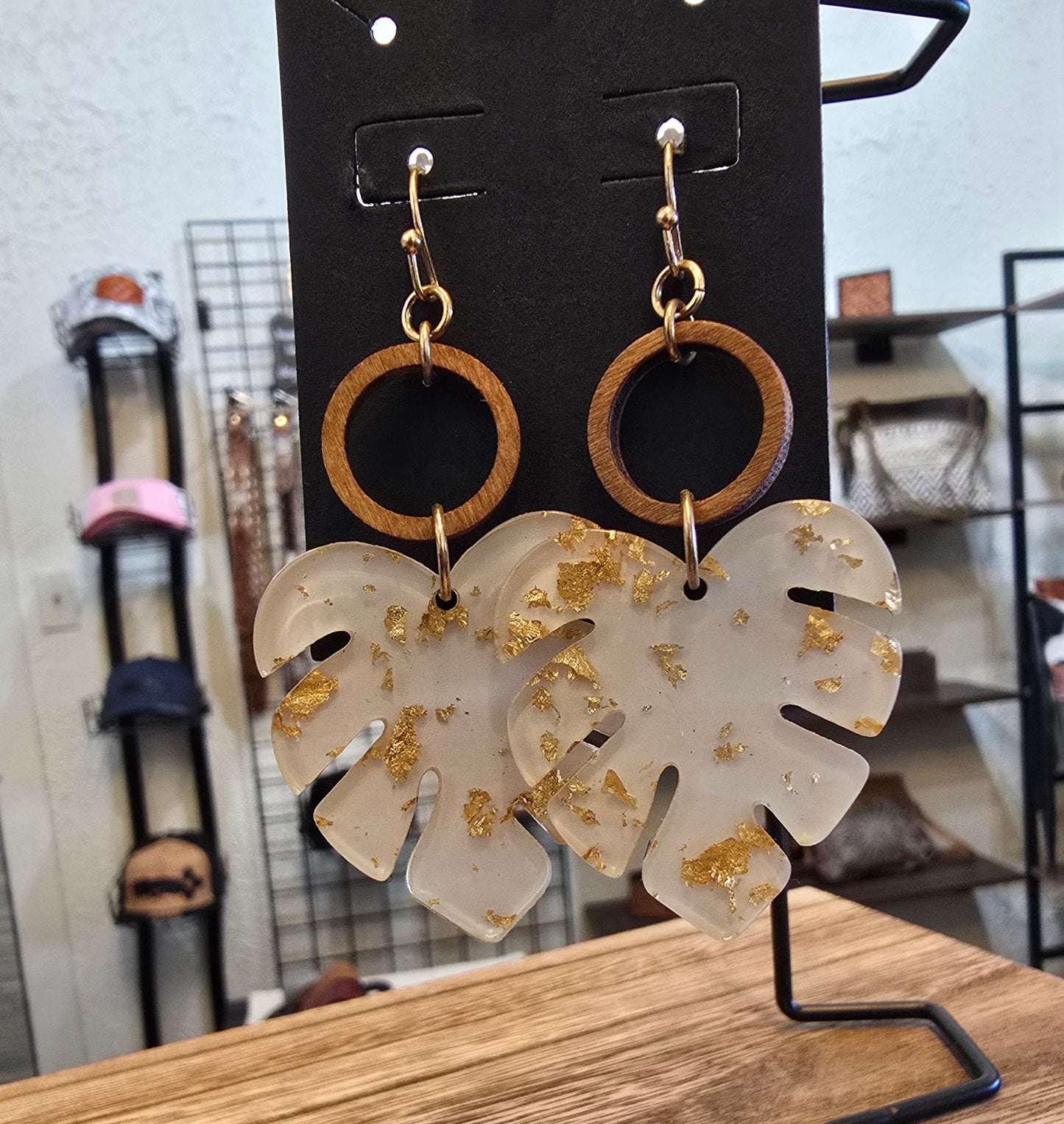 Cream & Gold Flake Acrylic & Wood Statement Earrings