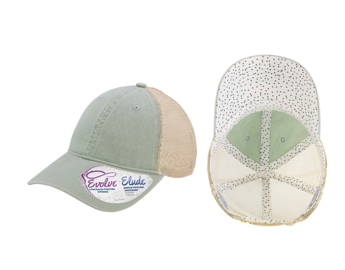 Sage Green Trucker Hat with New Mexico Heart Patch – Adjustable Mesh Back Ponytail Cap for Women