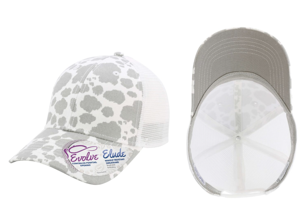 Gray Cow Print Ponytail Hat with Zia Heart Leather Patch