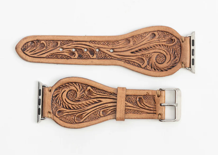 Lone Star Hand-tooled Leather Watch Band in Light Saddle Tan