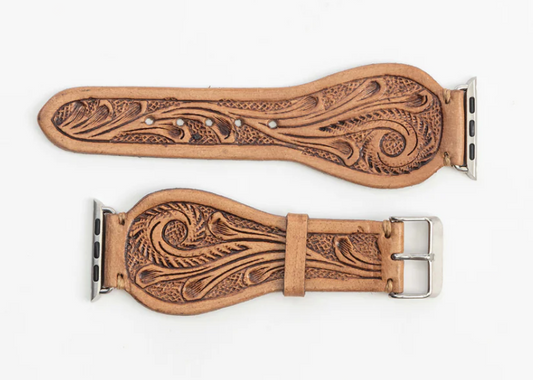Lone Star Hand-tooled Leather Watch Band in Light Saddle Tan