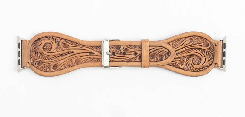 Lone Star Hand-tooled Leather Watch Band in Light Saddle Tan