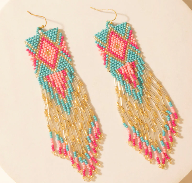 Gilded Arena Beaded Fringe Earrings in Rodeo Blue