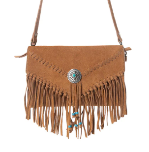 Texas Mist Fringed Leather Bag in Rustwood with Concho Accent