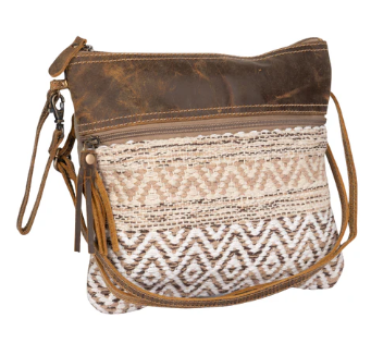 Patterned Canvas Brown Leather Trim Crossbody