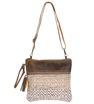 Patterned Canvas Brown Leather Trim Crossbody