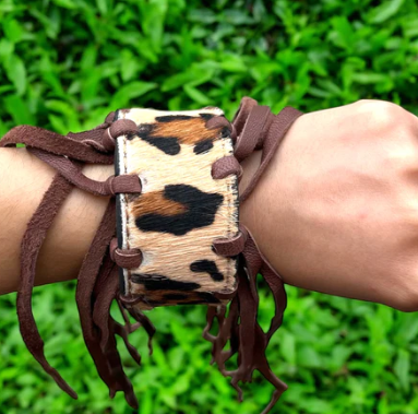 Leopard print cowhide fringe bracelet