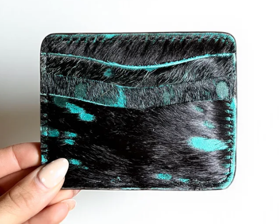 Turquoise distressed black cowhide card holder