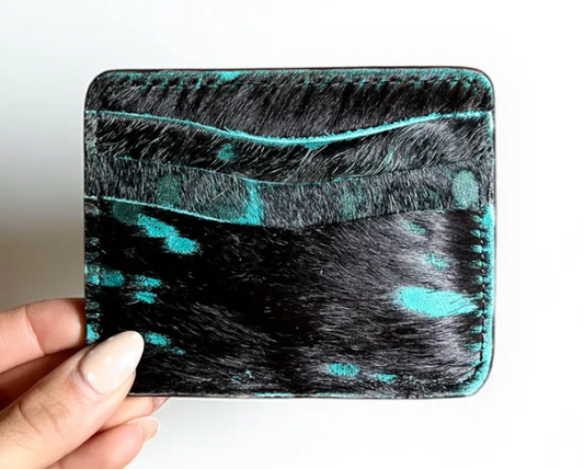 Turquoise distressed black cowhide card holder