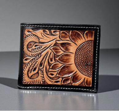 Sunflower tooled leather wallet