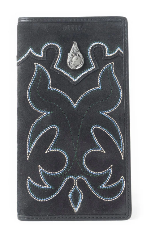 Ravenhide Embroidered Leather Wallet in Coal Black