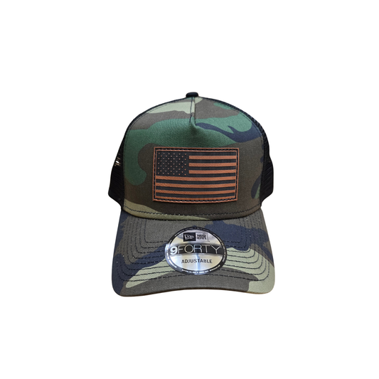 Camo Trucker Hat with Sewn Faux Leather American Flag Patch