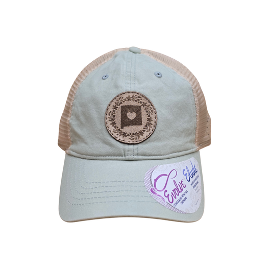 Sage Green Trucker Hat with New Mexico Heart Patch – Adjustable Mesh Back Ponytail Cap for Women